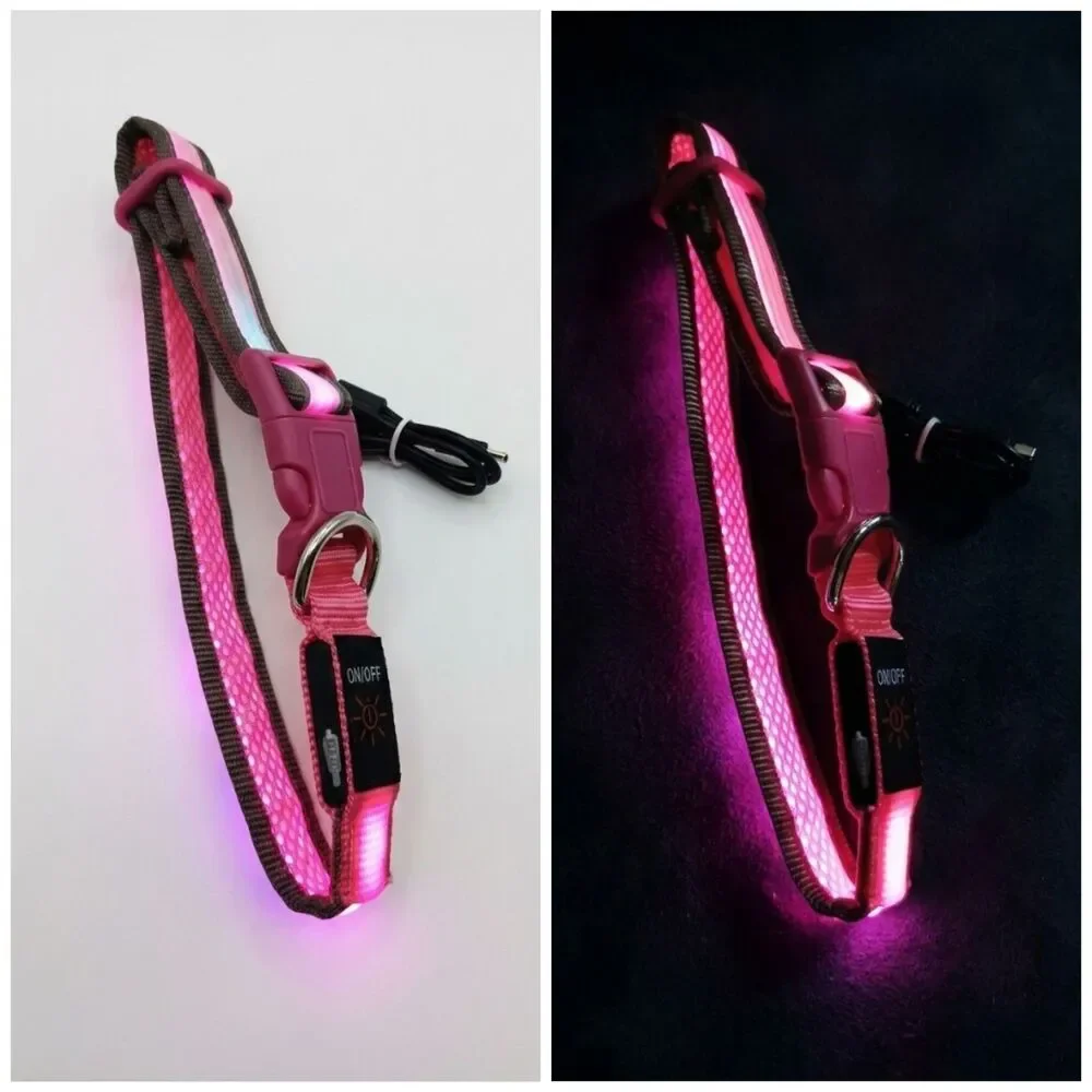 LED Lighted Safety Dog Collar Pink Size L USB Rechargeable Adjustable Nylon